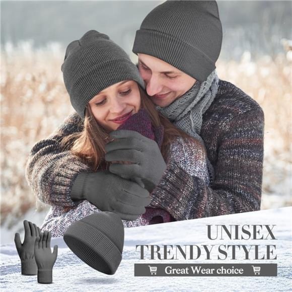 2 Pcs Shiny Match Winter Beanie Hat Gloves Set, Soft Knitted Hat Stretchy Gloves - Picture 7 of 8